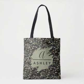 Van Gogh Almond Blossom Sage Black Monogram Tote Bag