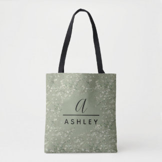 Van Gogh Almond Blossom Sage Green Monogram Tote Bag