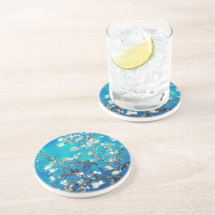 Van Gogh Almond Blossoms bright turquoise Coaster