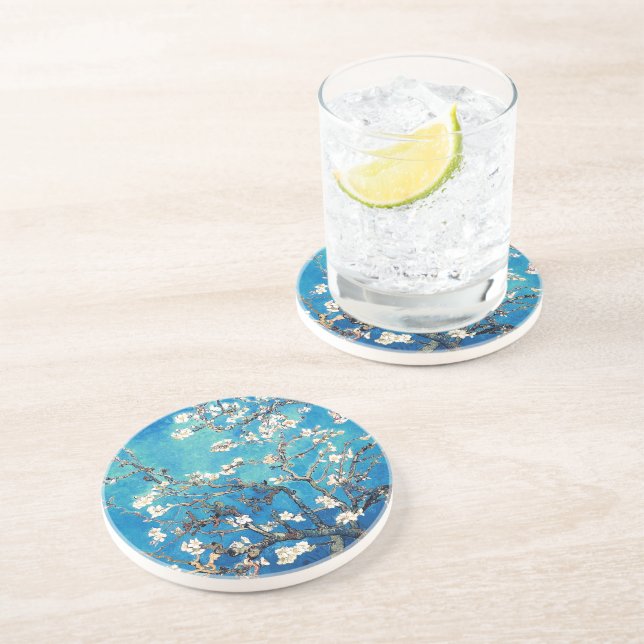 Van Gogh Almond Blossoms bright turquoise Coaster (Side)