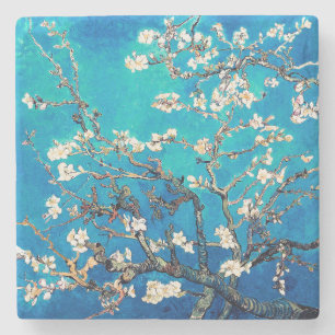 Van Gogh Almond Blossoms bright turquoise Stone Coaster