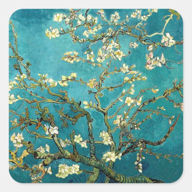 Van Gogh Almond Blossoms Classic Impressionism Square Sticker (Front)