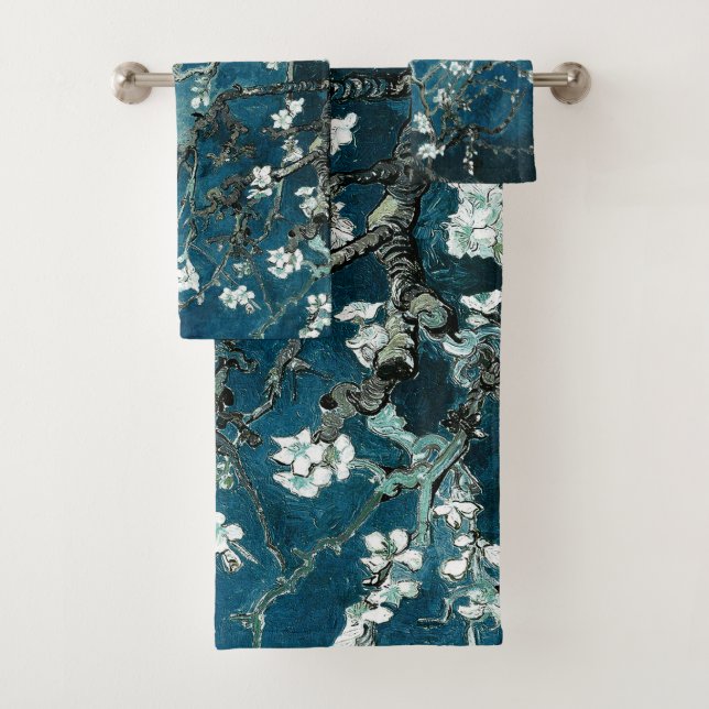 Van Gogh Almond Blossoms : Dark Teal Bath Towel Set (Insitu)