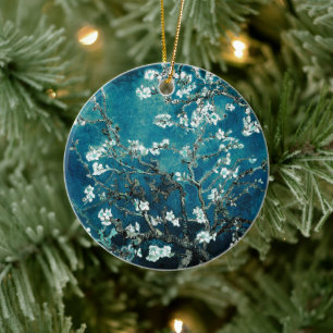 Van Gogh Almond Blossoms Dark Teal Ceramic Tree Decoration
