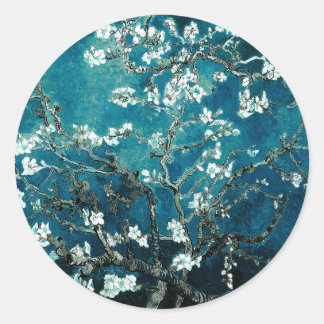 Van Gogh Almond Blossoms Dark Teal Classic Round Sticker