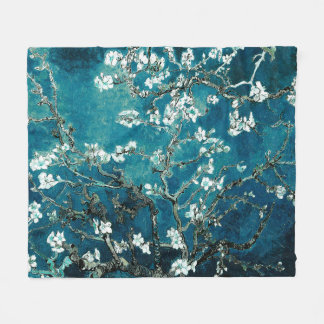 Van Gogh Almond Blossoms Dark Teal Fleece Blanket