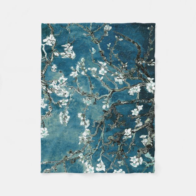 Van Gogh Almond Blossoms : Dark Teal Fleece Blanket (Front)