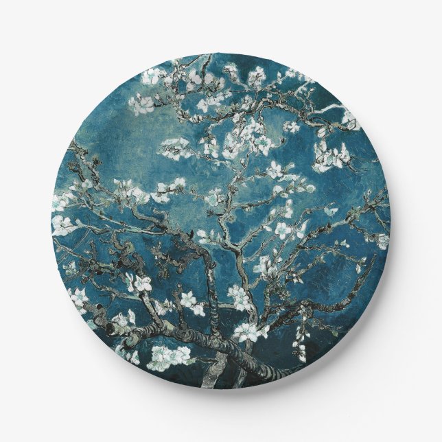 Van Gogh Almond Blossoms : Dark Teal Paper Plate (Front)