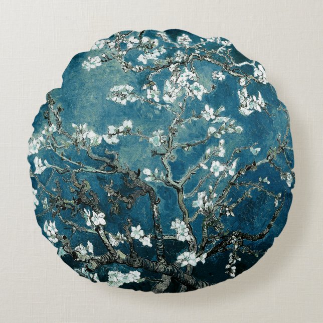 Van Gogh Almond Blossoms : Dark Teal Round Cushion (Front)