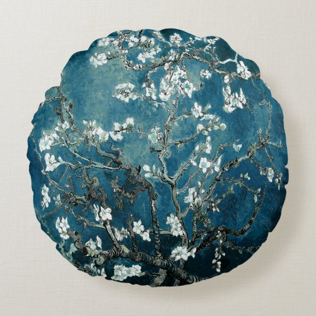 Van Gogh Almond Blossoms Dark Teal Round Cushion (Front)