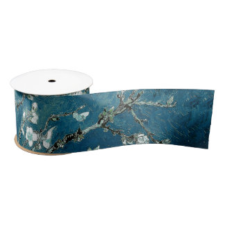 Van Gogh Almond Blossoms Dark Teal Satin Ribbon