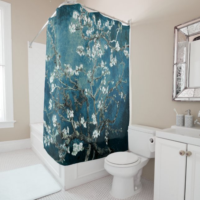 Van Gogh Almond Blossoms Dark Teal Shower Curtain (In Situ)