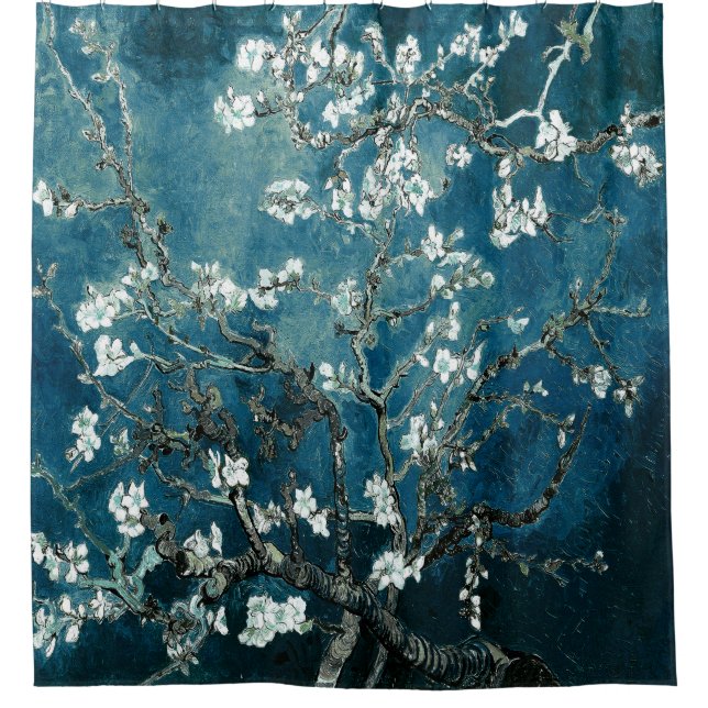 Van Gogh Almond Blossoms : Dark Teal Shower Curtain (Front)