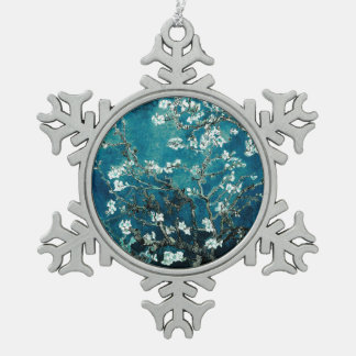 Van Gogh Almond Blossoms Dark Teal Snowflake Pewter Christmas Ornament