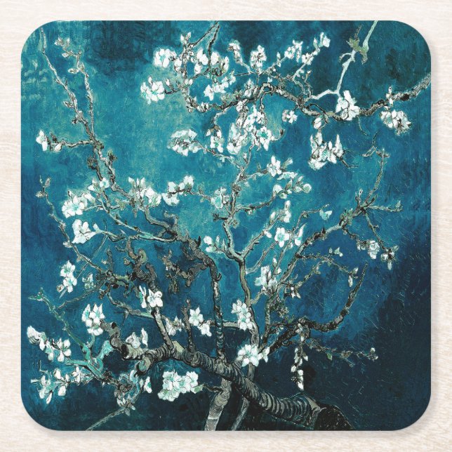 Van Gogh Almond Blossoms : Dark Teal Square Paper Coaster (Front)