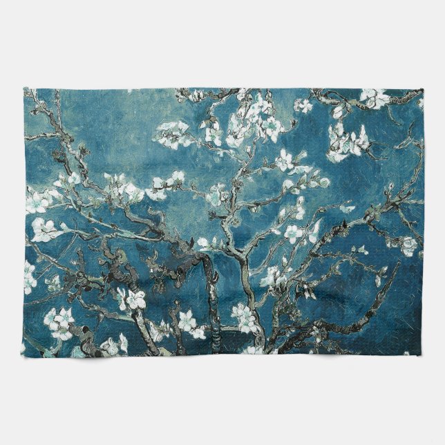 Van Gogh Almond Blossoms : Dark Teal Tea Towel (Horizontal)