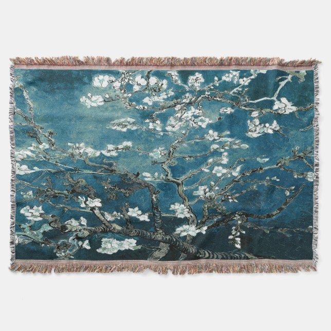 Van Gogh Almond Blossoms Dark Teal Throw Blanket (Front)