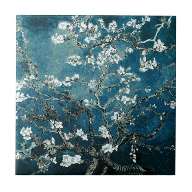 Van Gogh Almond Blossoms : Dark Teal Tile (Front)