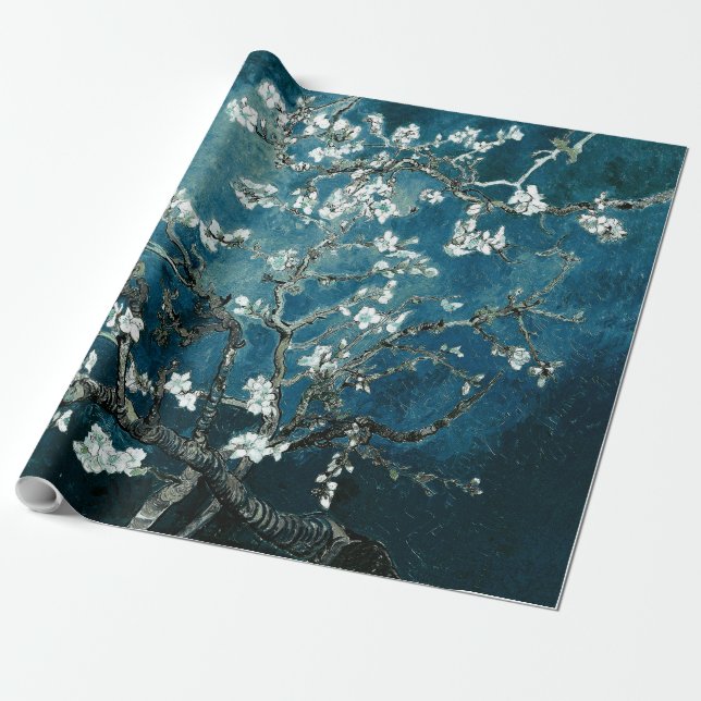 Van Gogh Almond Blossoms : Dark Teal Wrapping Paper (Unrolled)