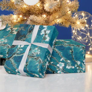 Van Gogh Almond Blossoms Dark Teal Wrapping Paper