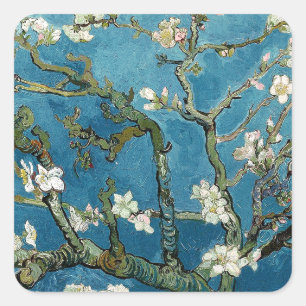 Van Gogh Almond Blossoms Floral Blue Square Sticker