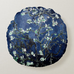 Van Gogh Almond Blossoms Midnight Blue Round Cushion