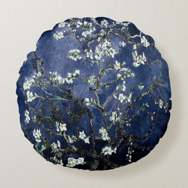 Van Gogh Almond Blossoms Midnight Blue Round Cushion (Front)
