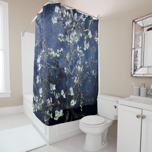 Van Gogh Almond Blossoms Midnight Blue Shower Curtain (In Situ)