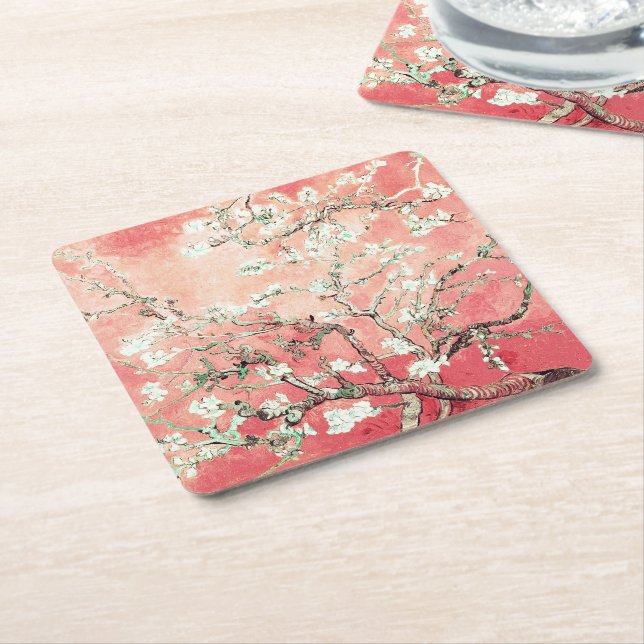 Van Gogh Almond Blossoms Peach Square Paper Coaster (Angled)