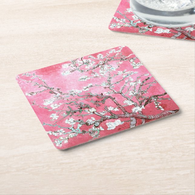 Van Gogh Almond Blossoms Pink Blue Square Paper Coaster (Angled)