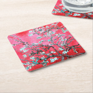 Van Gogh Almond Blossoms Red blue  Square Paper Coaster