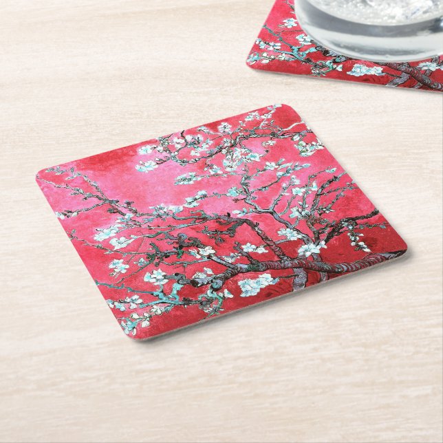 Van Gogh Almond Blossoms Red blue  Square Paper Coaster (Angled)