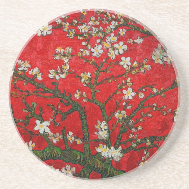 Van Gogh Almond Blossoms Red Coaster (Front)