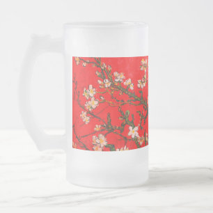 Van Gogh Almond Blossoms Red Frosted Glass Beer Mug