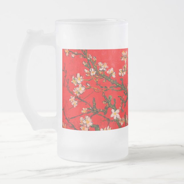 Van Gogh Almond Blossoms Red Frosted Glass Beer Mug (Left)
