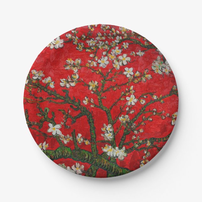 Van Gogh Almond Blossoms Red Paper Plate (Front)