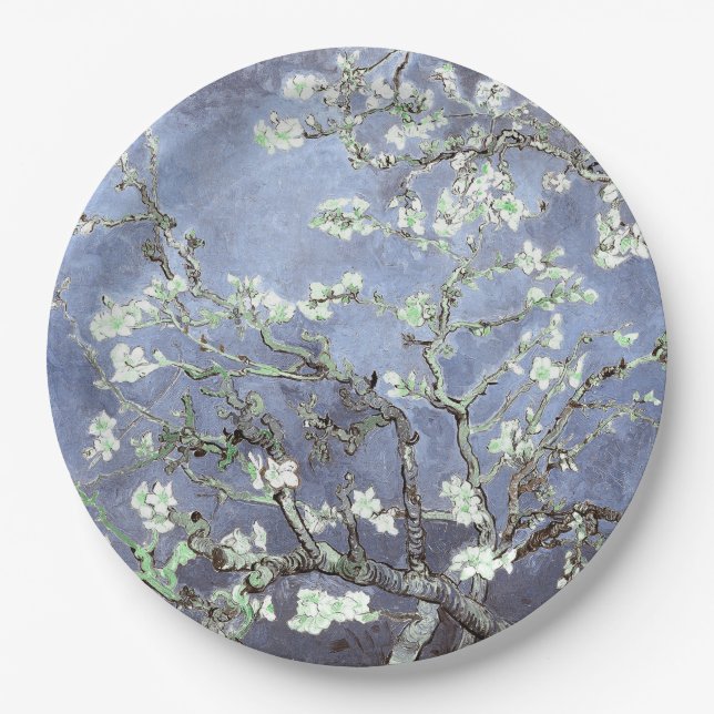 Van Gogh Almond Blossoms Steel Blue Paper Plate (Front)
