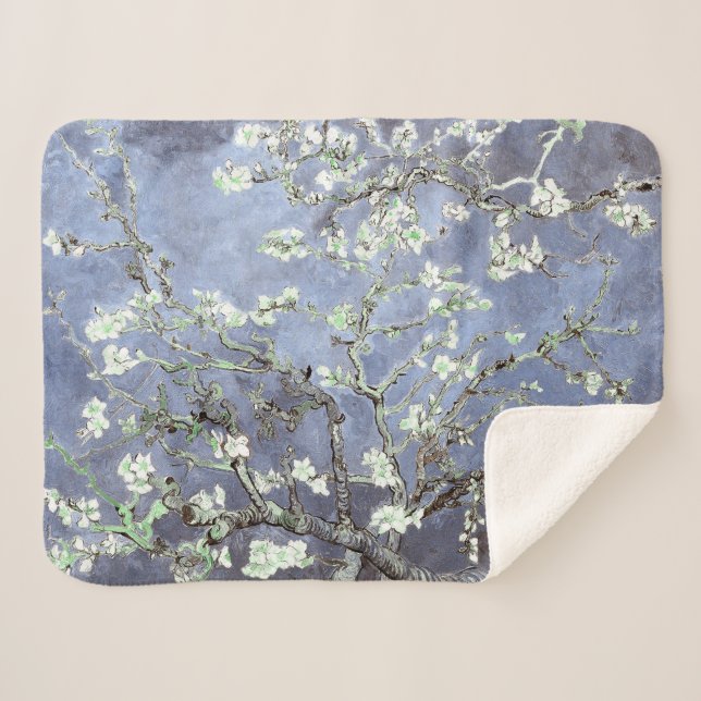 Van Gogh Almond Blossoms Steel Blue Sherpa Blanket (Front (Horizontal))