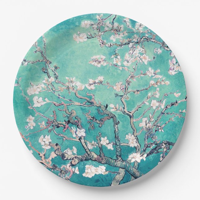 Van Gogh Almond Blossoms Turquoise Paper Plate (Front)