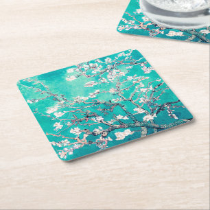 Van Gogh Almond Blossoms Turquoise Square Paper Coaster