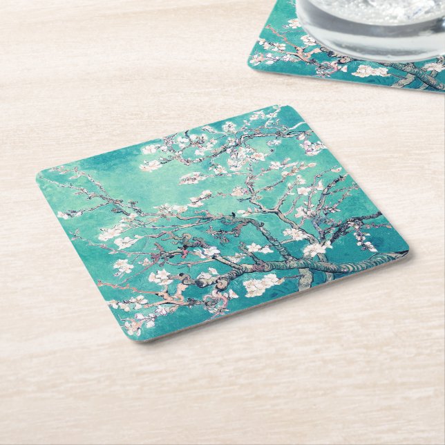 Van Gogh Almond Blossoms Turquoise Square Paper Coaster (Angled)