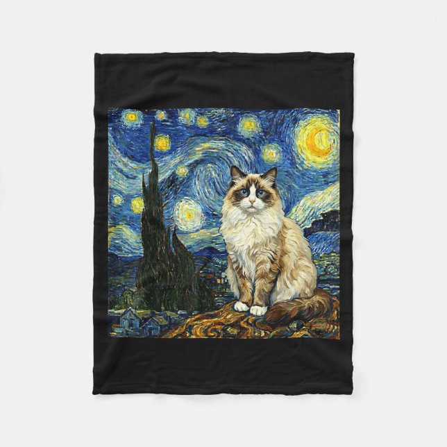 Van Gogh Art Starry Night - Funny Ragdoll Cat Arti Fleece Blanket (Front)