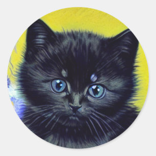 Van Gogh Black Cat Purple Flowers Classic Round Sticker