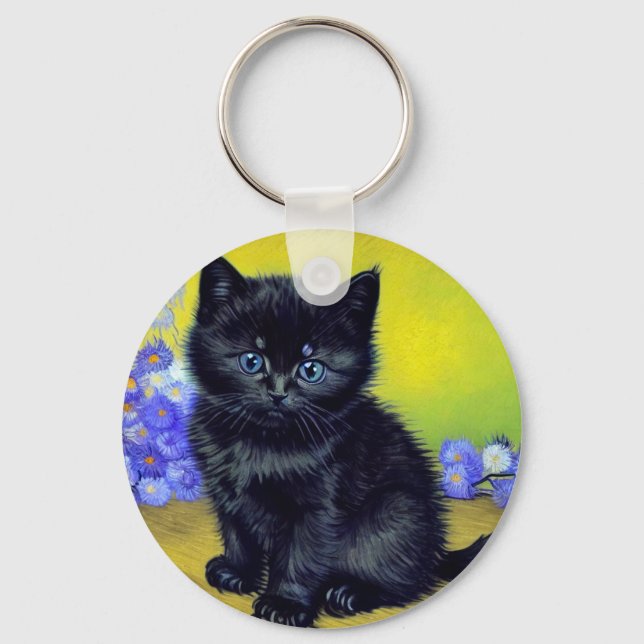  Van Gogh Black Cat Purple Flowers Key Ring (Front)