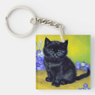 Van Gogh Black Cat Purple Flowers Key Ring