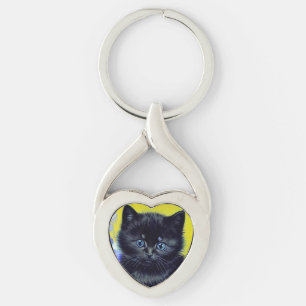 Van Gogh Black Cat Purple Flowers Key Ring