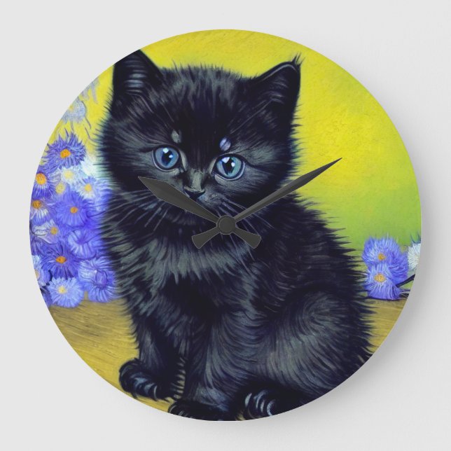 Van Gogh Black Cat Purple Flowers Large Clock (Front)