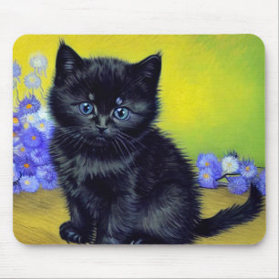Van Gogh Black Cat Purple Flowers Mouse Mat