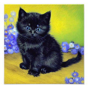 Van Gogh Black Cat Purple Flowers Photo Print