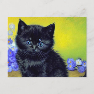 Van Gogh Black Cat Purple Flowers Postcard